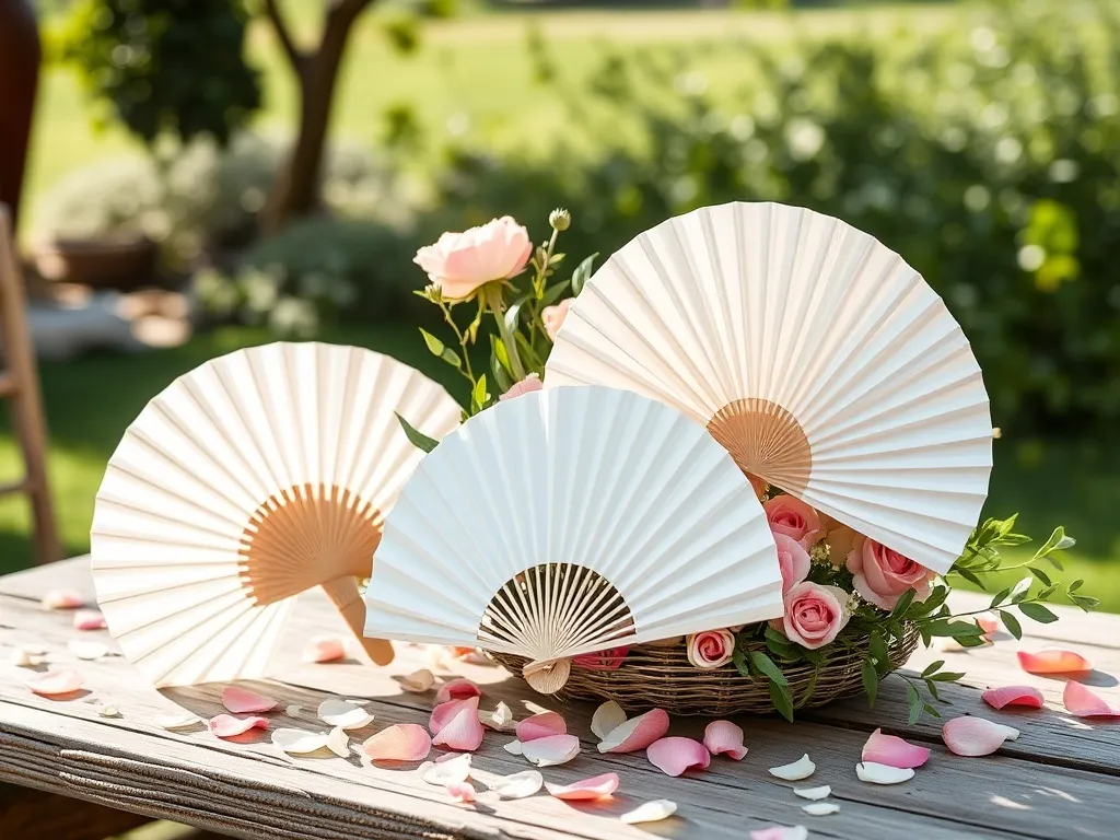 Éventails papier bambou blancs et roses pour cérémonie de mariage en plein air